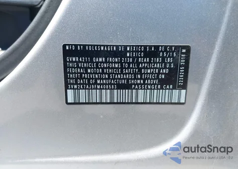 2015 Volkswagen Jetta 2.0L S z USA, uszkodzony, nr VIN 3VW2K7AJ9FM408583